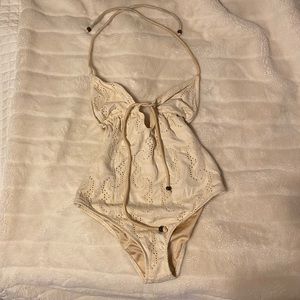 Cream eyelet backless one piece swimsuit